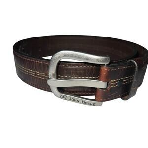 John Deere Brown leather belt stitched silver buckle center  men's 36